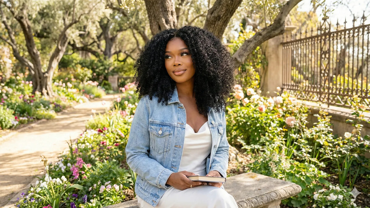 A smiling young woman showcasing a natural look with long dark wavy human hair, wearing a cream knit sweater in an outdoor setting.