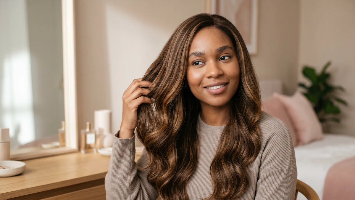 A smiling woman in a beige sweater sitting at a bedroom vanity, gently touching her long, wavy brown hair with caramel highlights, showcasing a Mimicing wear-and-go skin lace wig.