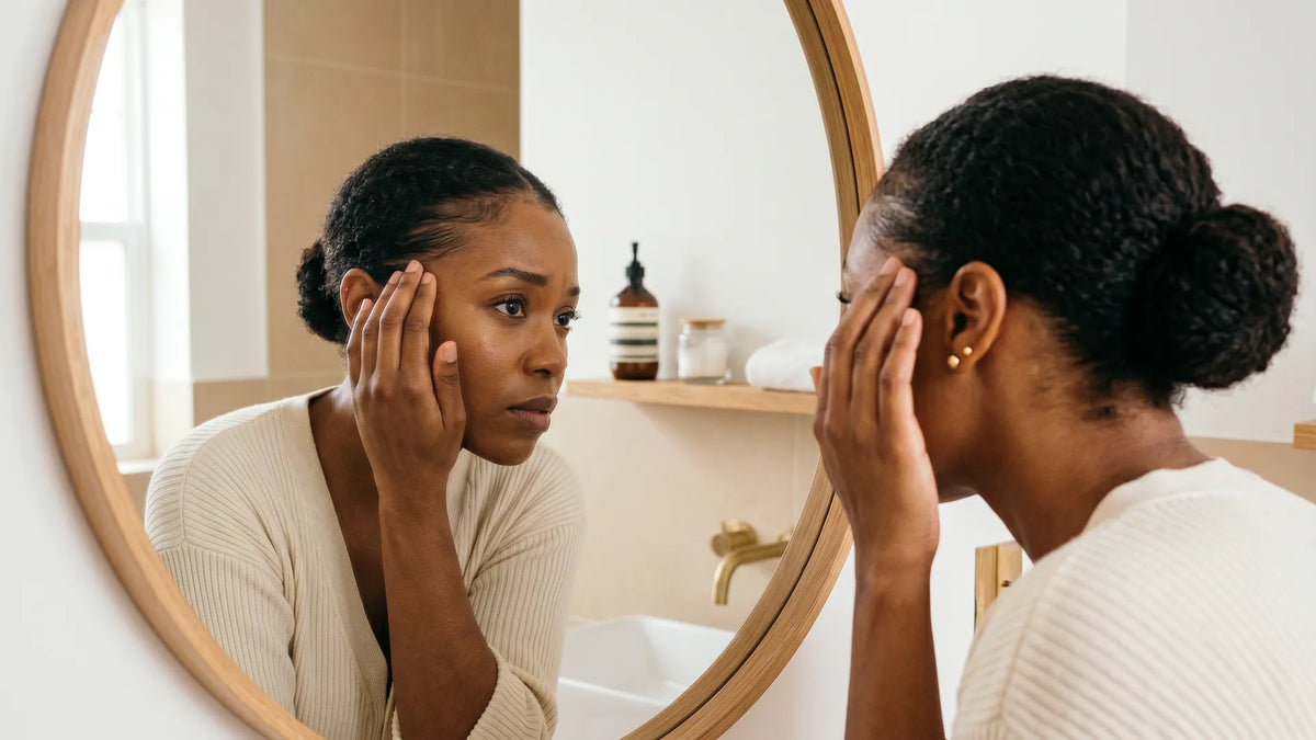 A woman closely examining her hairline edges in a round mirror to check for signs of hair damage caused by tight wigs.