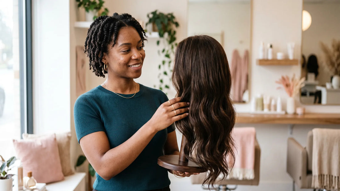 A smiling woman in a green top standing in a bright salon, admiring and touching a long dark wavy wig on a wooden stand, showcasing a Mimicing wear-and-go human hair glueless wig.