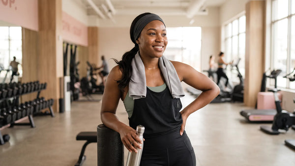 A smiling woman at the gym wearing a grey headband and workout attire with a towel around her neck, demonstrating a sweat-proof Mimicing wear-and-go skin lace glueless wig for active lifestyles.