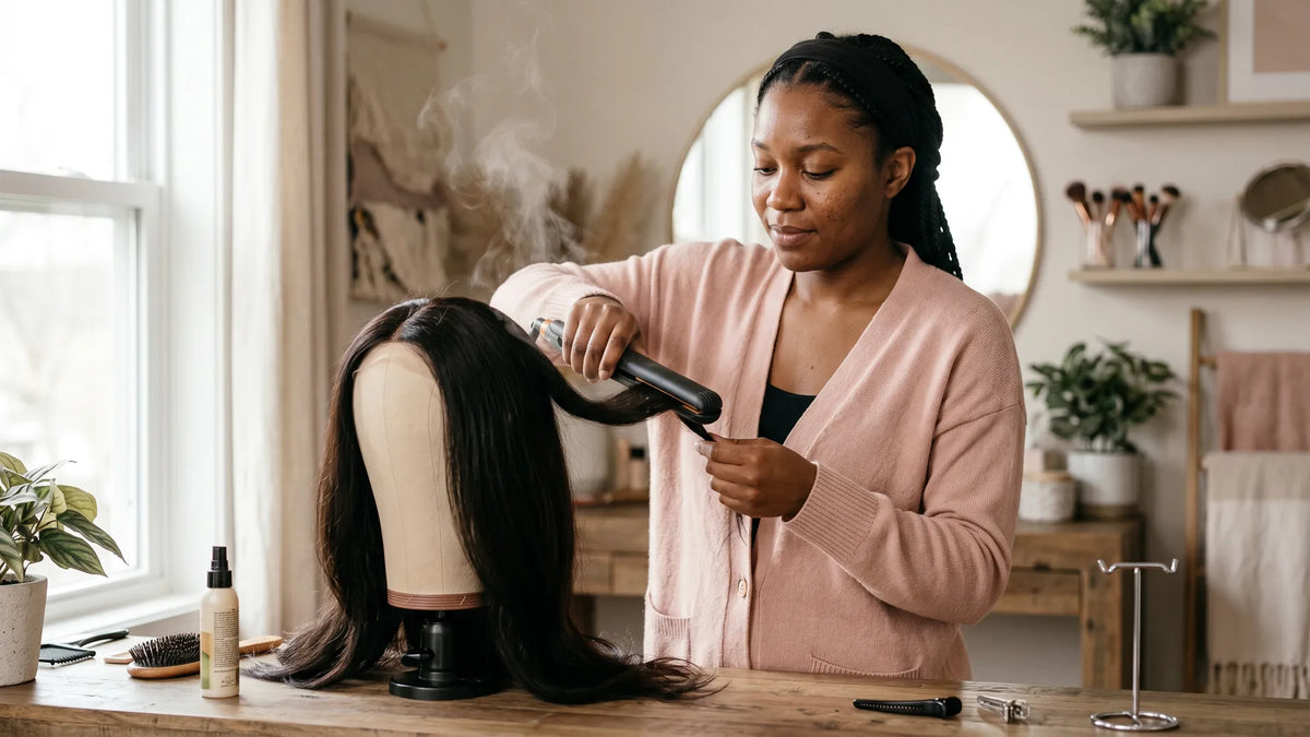 A woman using a flat iron to style a wear-and-go silky straight skin lace wig on a canvas mannequin head, with steam rising to demonstrate safe heat styling on human hair.