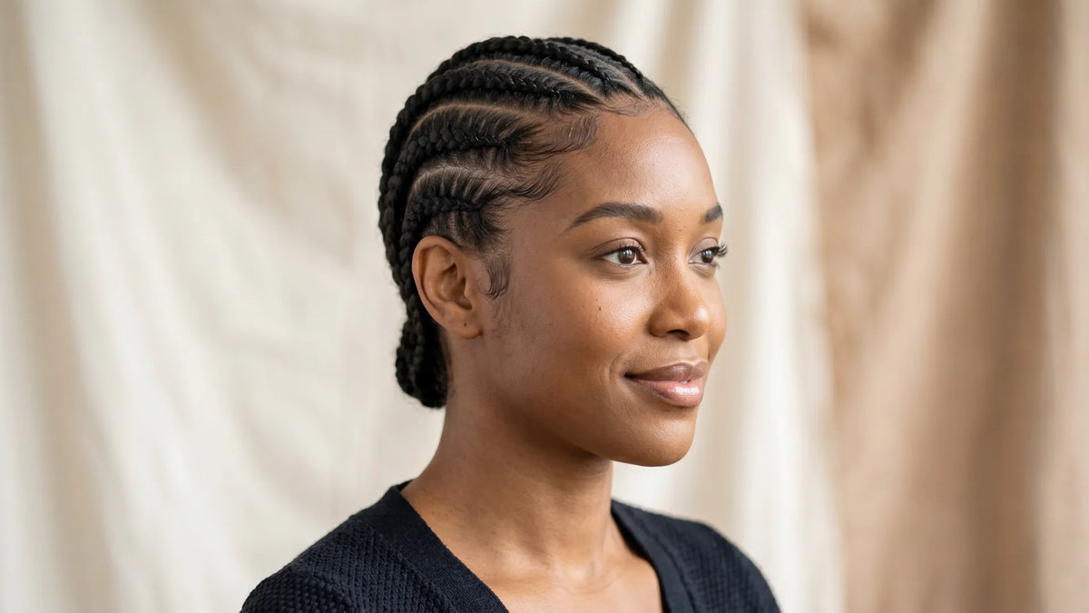 Profile view of a smiling woman showcasing neat, flat cornrows as the perfect braid pattern foundation for a Mimicing glueless wig install.