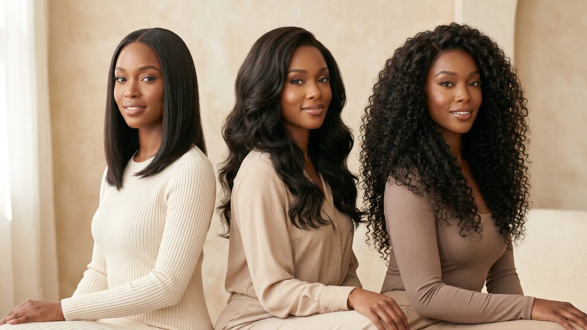 Three women sitting together showcasing a variety of Mimicing glueless wigs in silky straight, body wave, and deep wave textures.
