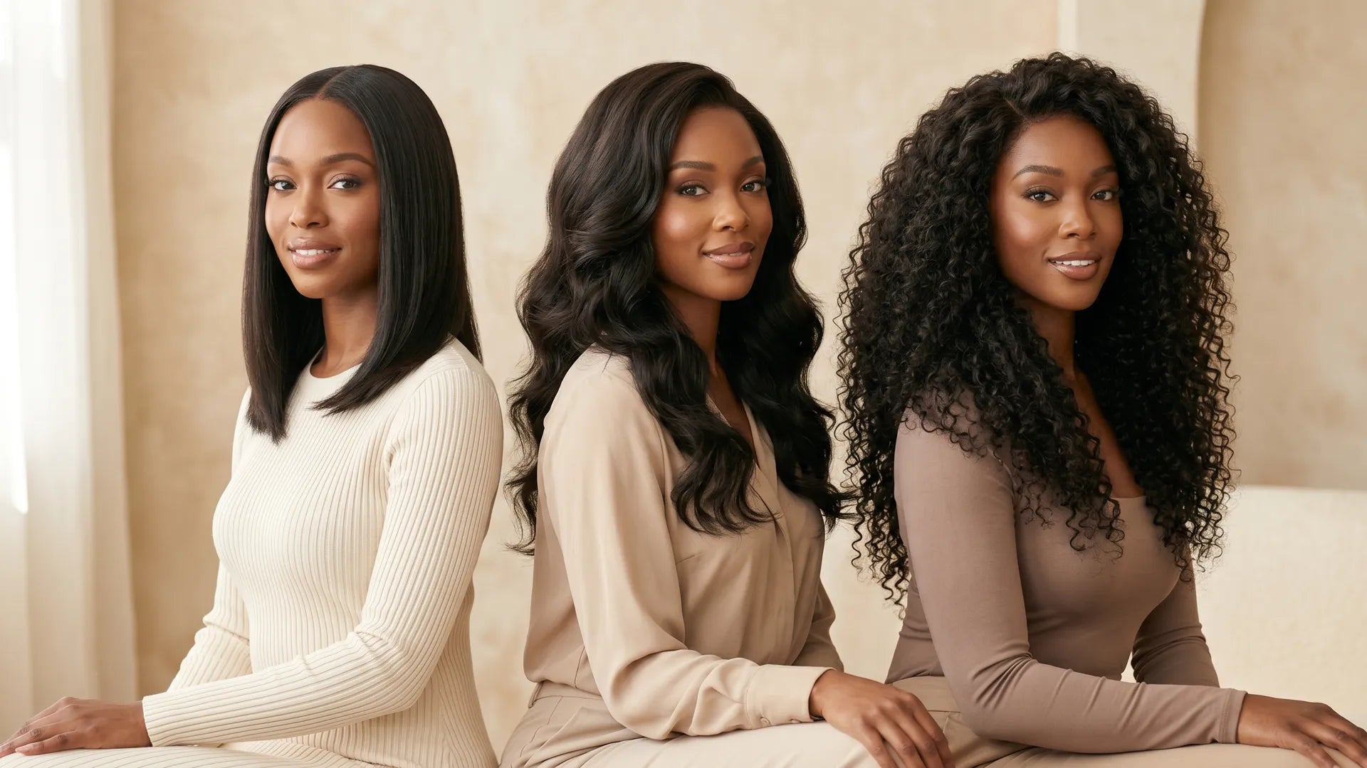 Three women sitting together showcasing a variety of Mimicing glueless wigs in silky straight, body wave, and deep wave textures.