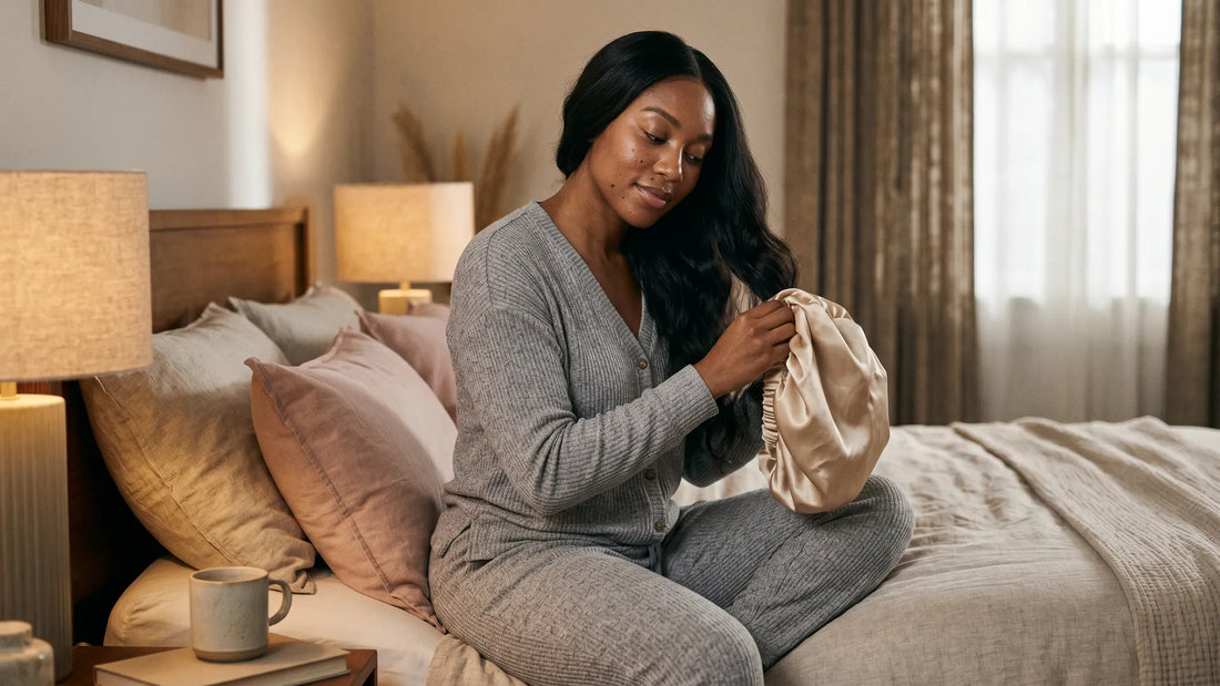 A woman in cozy loungewear sitting on a bed, holding a champagne silk sleep bonnet to protect her long wavy Mimicing glueless wig during her nighttime routine.