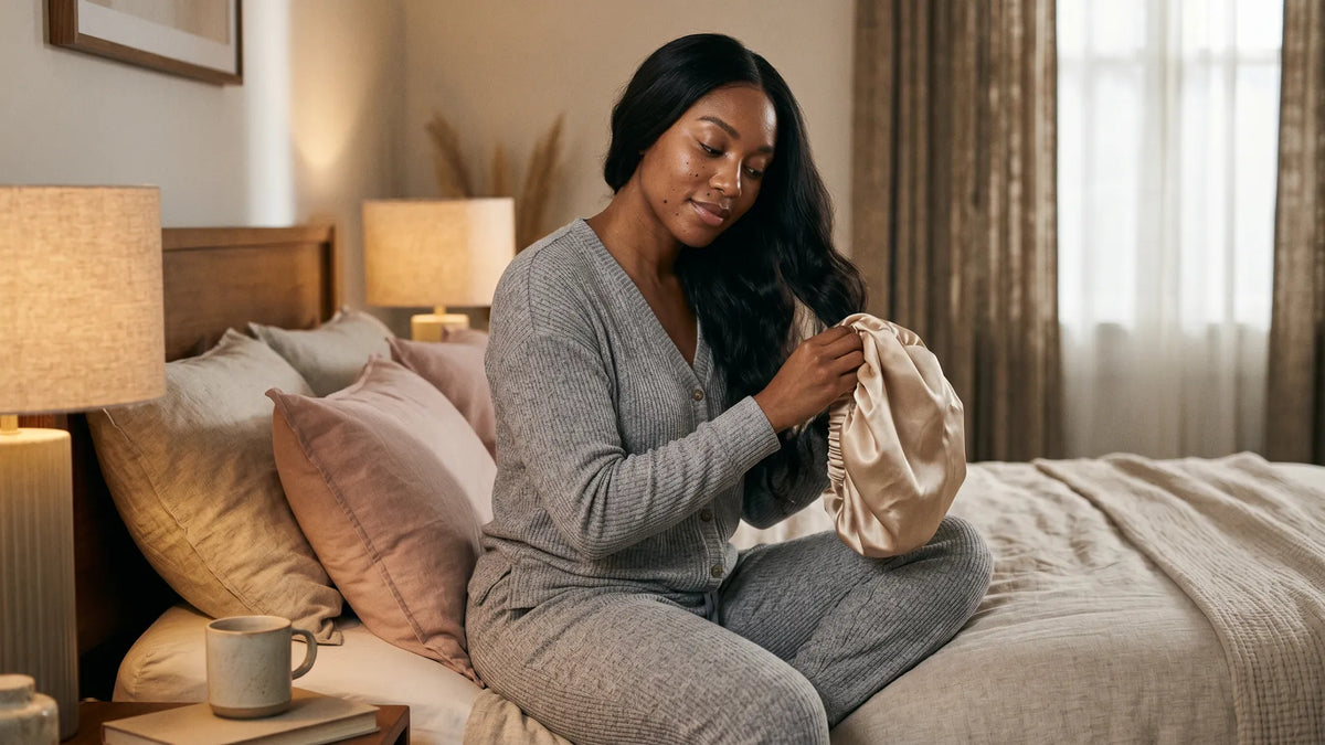 A woman in cozy loungewear sitting on a bed, holding a champagne silk sleep bonnet to protect her long wavy Mimicing glueless wig during her nighttime routine.