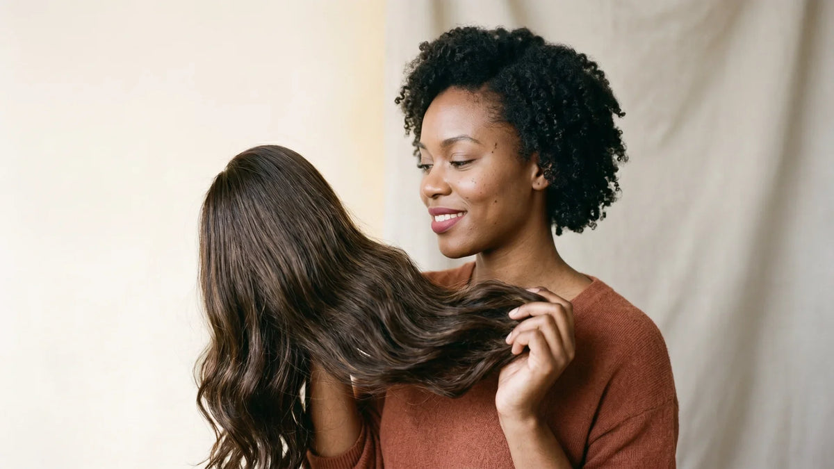 A smiling woman with short natural curls admiring a long wavy Mimicing glueless wig before installation.
