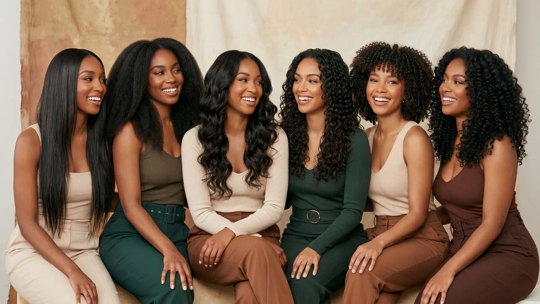 Six smiling women showcasing a diverse range of Mimicing glueless human hair wigs, from silky straight to kinky curly textures.