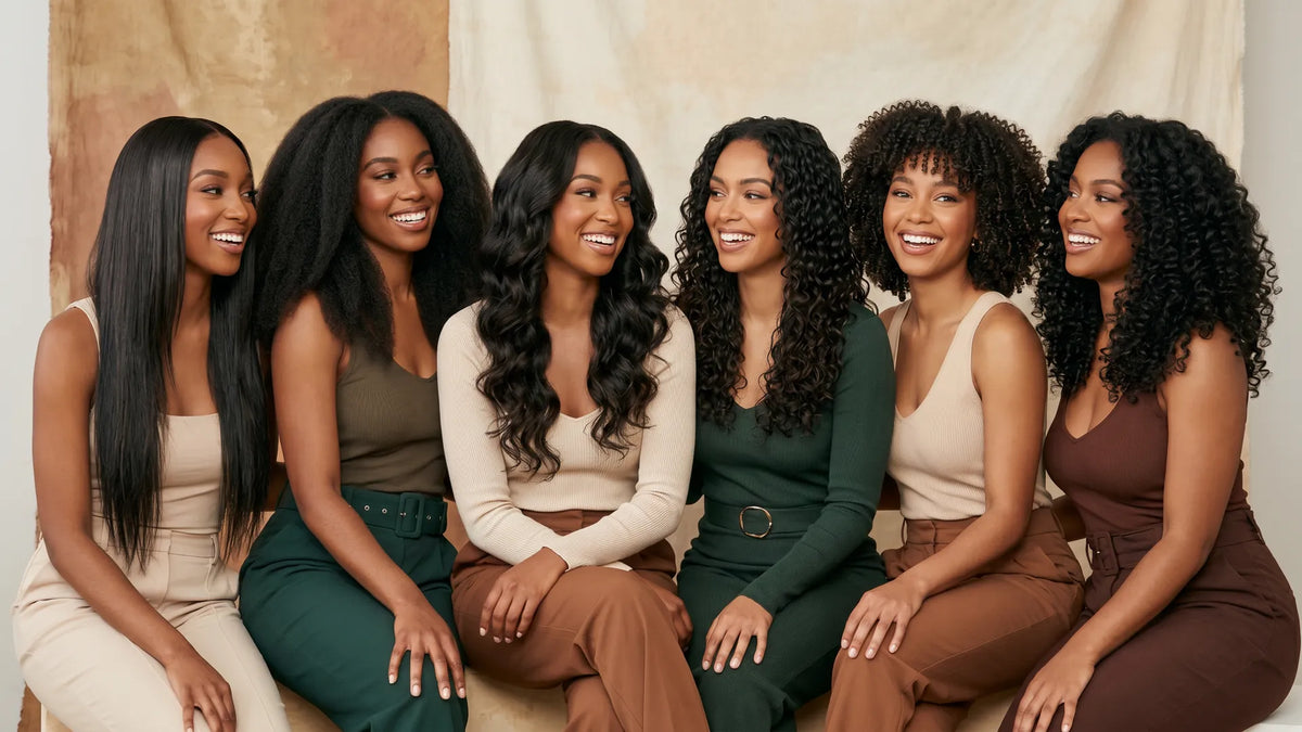 Six smiling women showcasing a diverse range of Mimicing glueless human hair wigs, from silky straight to kinky curly textures.