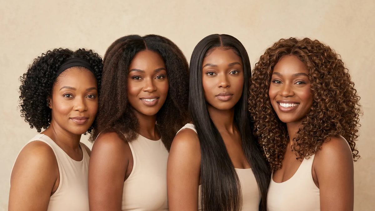 Four women standing together showcasing a diverse range of Mimicing glueless wig textures, including a short curly style, kinky straight, silky straight, and voluminous bouncy curls.