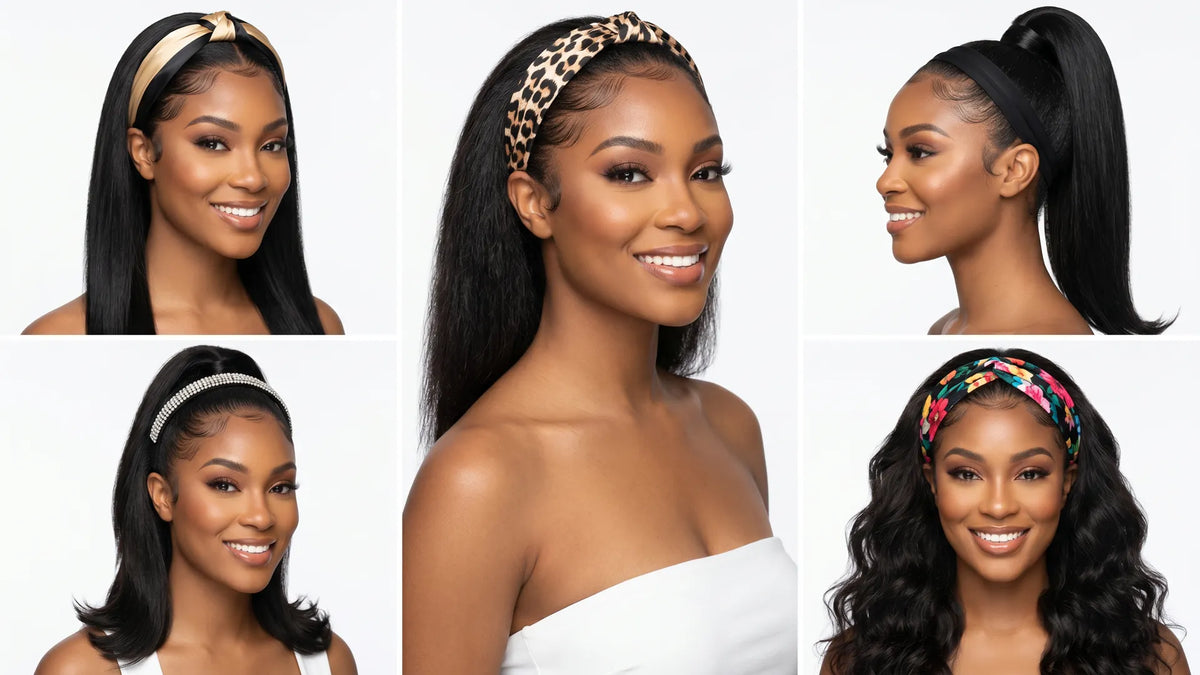 A 5-frame styling collage of a smiling woman showcasing versatile ways to wear a Mimicing headband wig, including sleek down styles, a high ponytail, and loose waves with different patterned headbands.