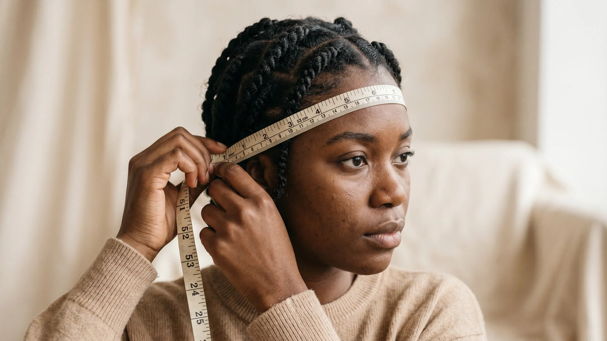 A woman with braided natural hair using a measuring tape around her head to determine her correct cap size for a Mimicing glueless wig.