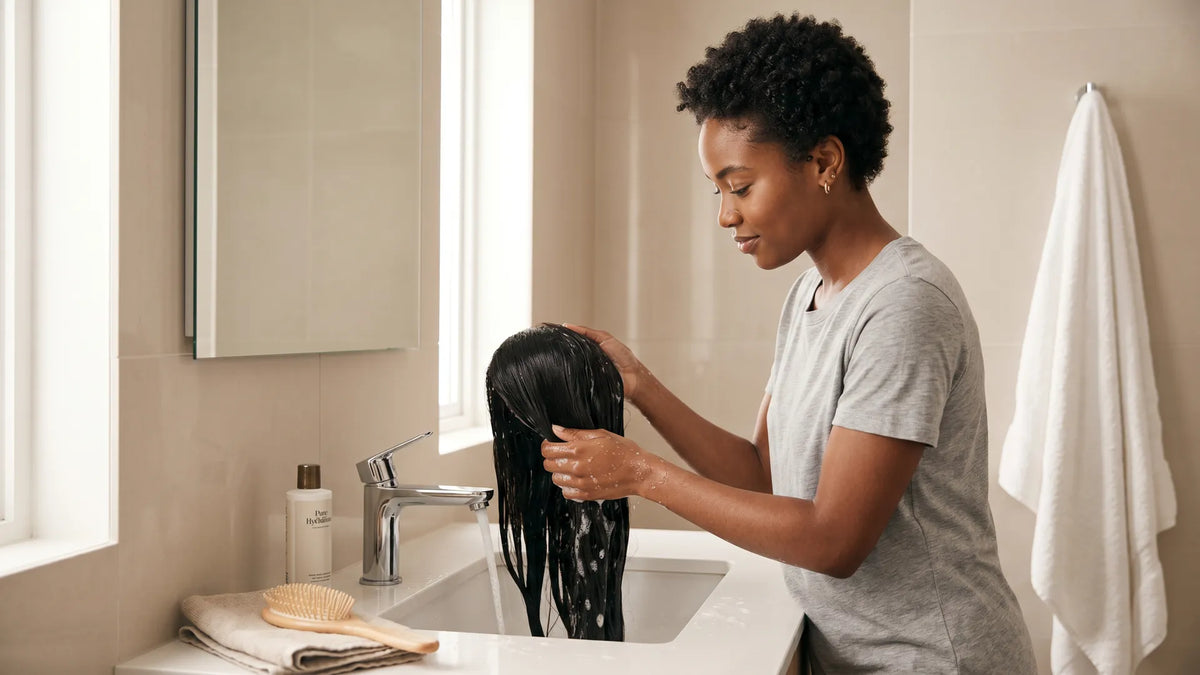 A woman demonstrating a wash day routine for a Mimicing silky straight human hair wig in a bright bathroom setting for proper wig maintenance.