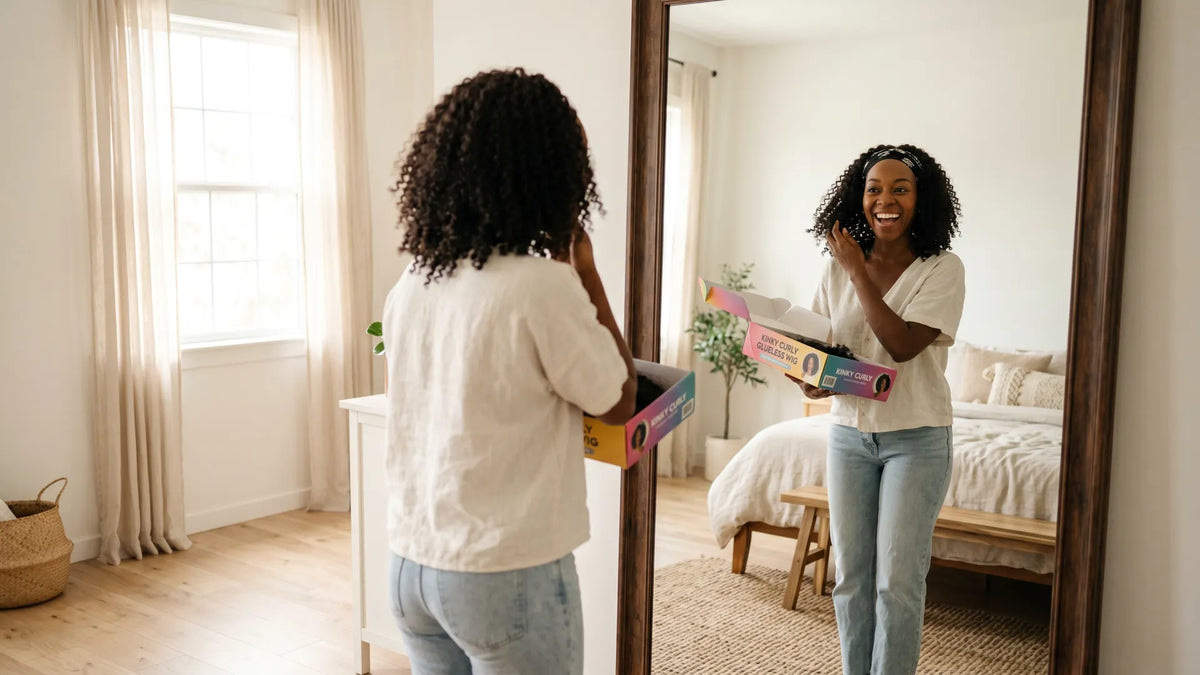 A happy woman unboxing a Mimicing Kinky Curly Glueless Wig in front of a mirror, showcasing her joyful reaction in a bright bedroom.