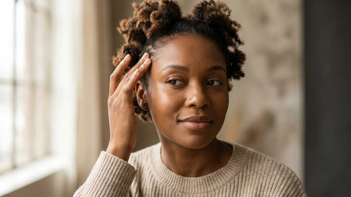 Close-up portrait of a woman checking her natural hairline while styling a Mimicing glueless wig in a bright bedroom setting.