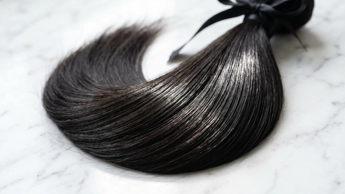 Close-up of a glossy Mimicing silky straight virgin human hair bundle tied with a black ribbon on a white marble background.