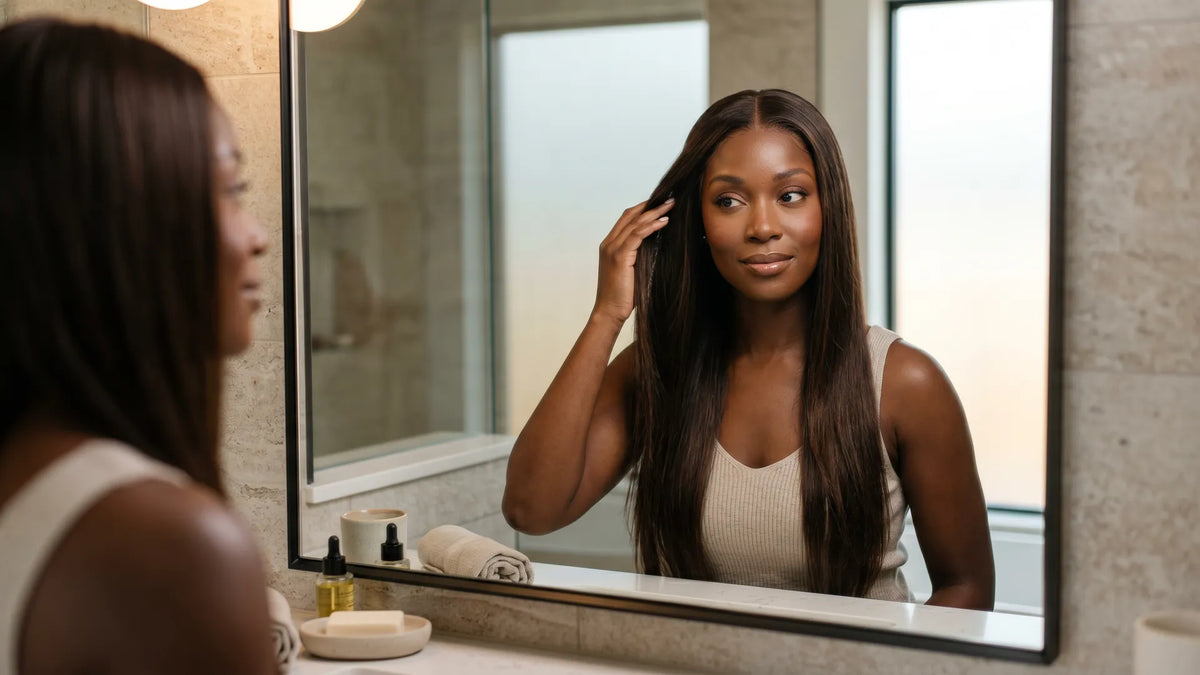 A woman styling her Mimicing silky straight human hair wig in a mirror, demonstrating an effortless daily hair care routine in a bright bathroom.
