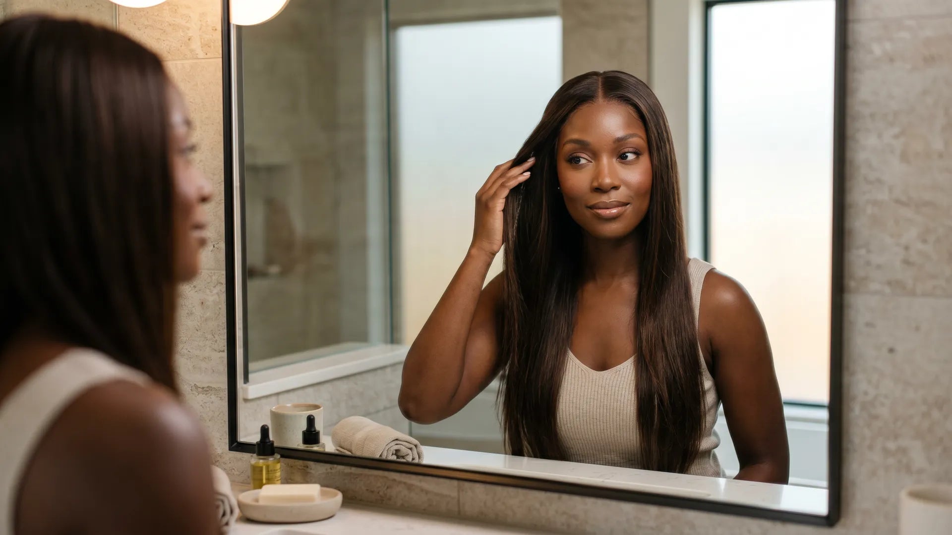 A woman styling her Mimicing silky straight human hair wig in a mirror, demonstrating an effortless daily hair care routine in a bright bathroom.