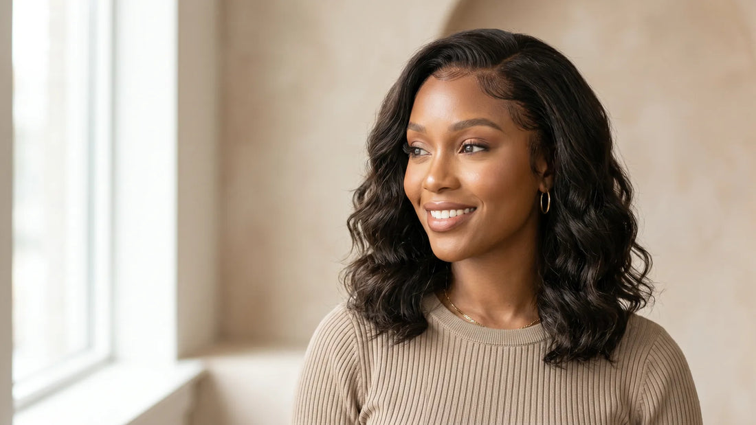Profile view of a smiling woman showcasing a Mimicing skin lace body wave glueless wig with an undetectable natural hairline.