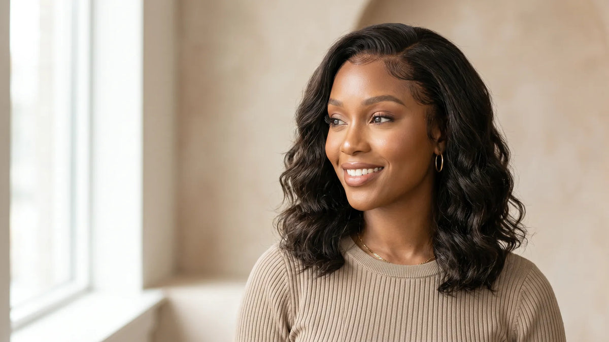 Profile view of a smiling woman showcasing a Mimicing skin lace body wave glueless wig with an undetectable natural hairline.