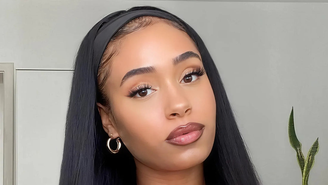 A smiling woman wearing a Mimicing long straight black headband glueless wig, styled for a natural and effortless everyday look.