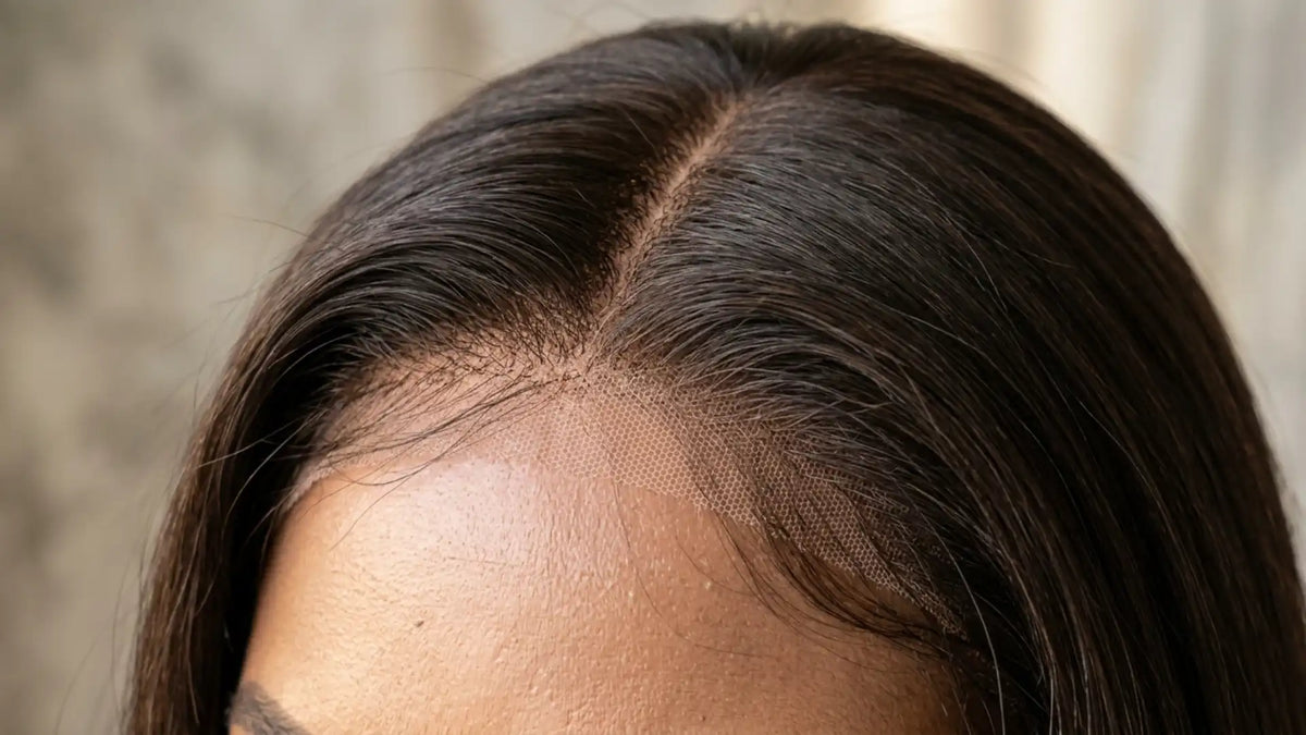 Extreme close-up of a Mimicing glueless wig showcasing the undetectable skin lace and natural seamless hairline for a realistic scalp look.