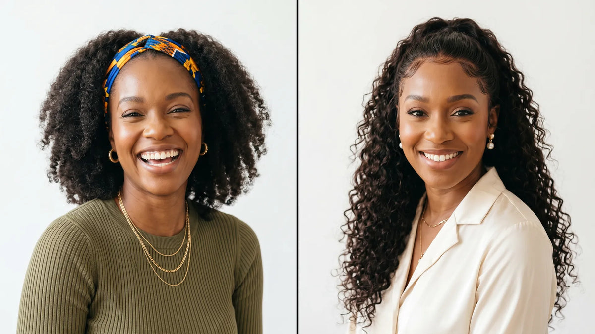 Side-by-side collage of a smiling woman demonstrating the versatility of a Mimicing Water Wave glueless half wig styled with a headband and as a half-up ponytail.
