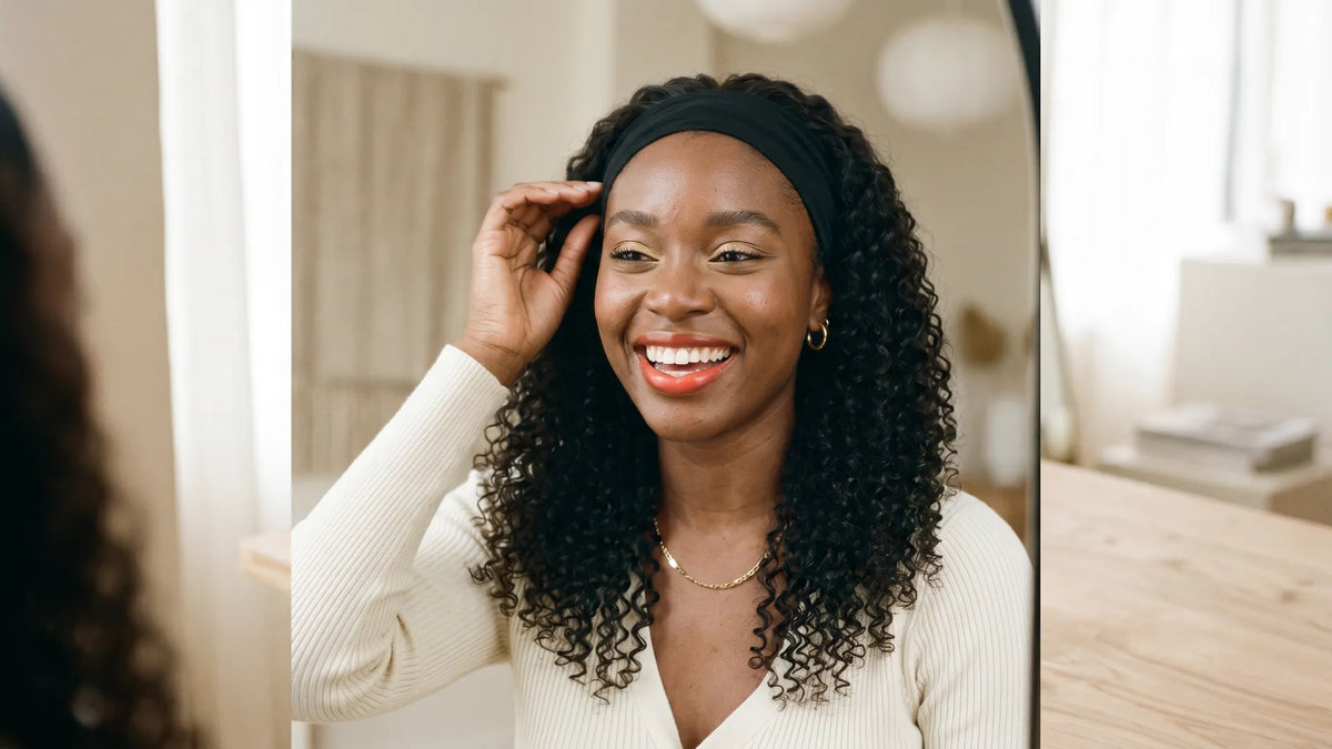 A smiling woman looking in a mirror while adjusting the black band of her Mimicing curly wear-and-go headband wig, demonstrating an easy glueless install.