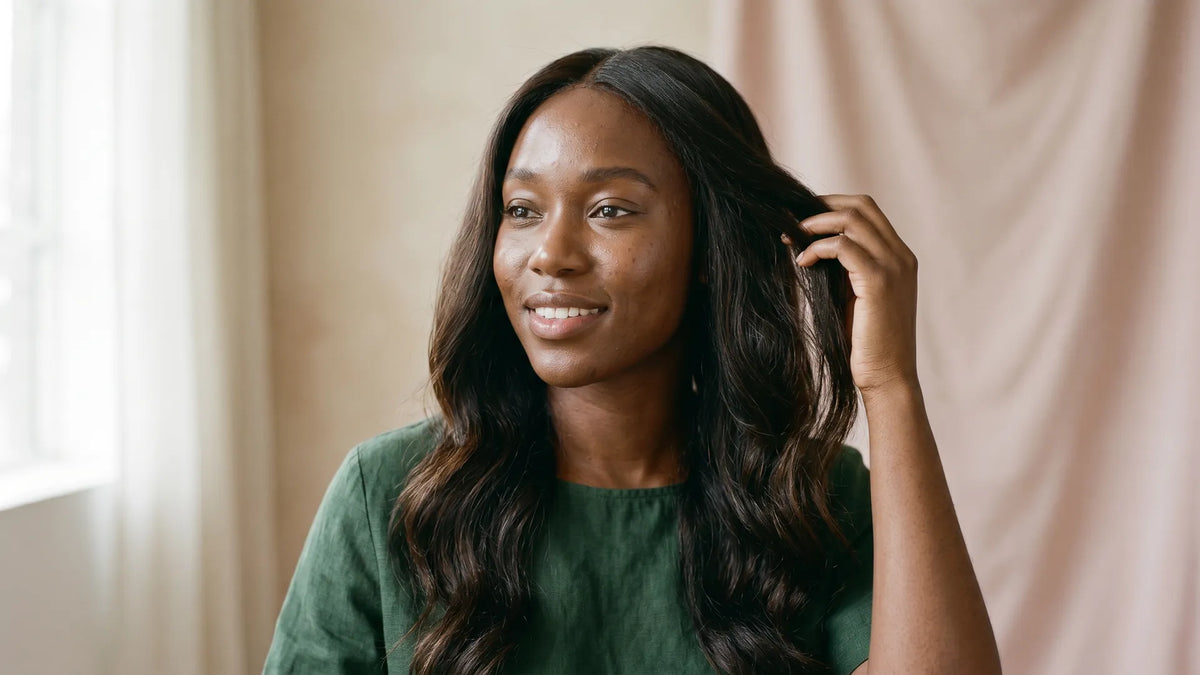 A smiling woman in a green top gently running her fingers through her long, wavy Mimicing wear-and-go skin lace wig, showcasing its soft and natural texture.