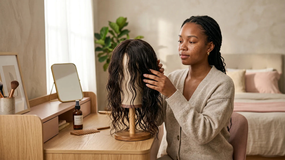 A woman sitting at a bedroom vanity, using hair mist to style a wet and wavy wig on a canvas mannequin head, demonstrating the daily maintenance for a Mimicing water wave skin lace glueless wig.