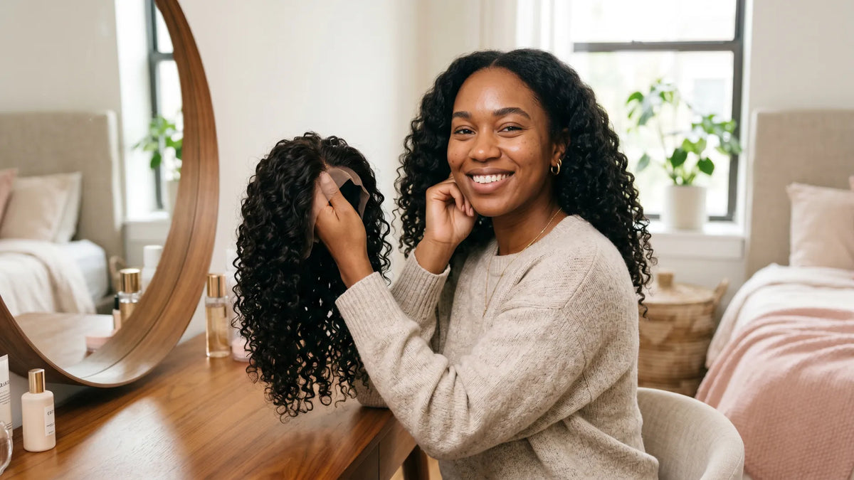 A smiling woman sitting at a wooden vanity in a bedroom, holding up a curly wear-and-go skin lace wig to show the glueless cap construction.