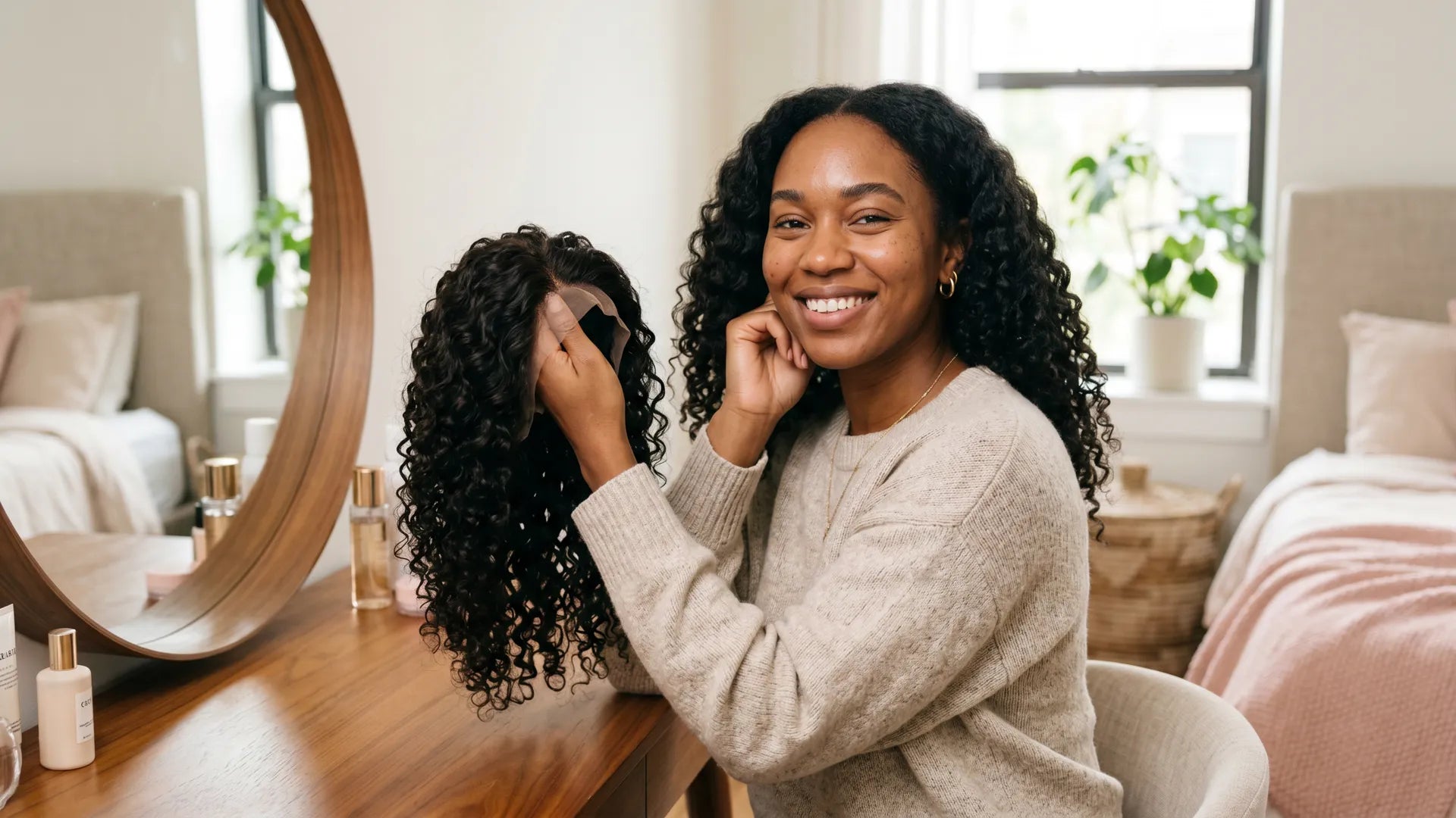 A smiling woman sitting at a wooden vanity in a bedroom, holding up a curly wear-and-go skin lace wig to show the glueless cap construction.