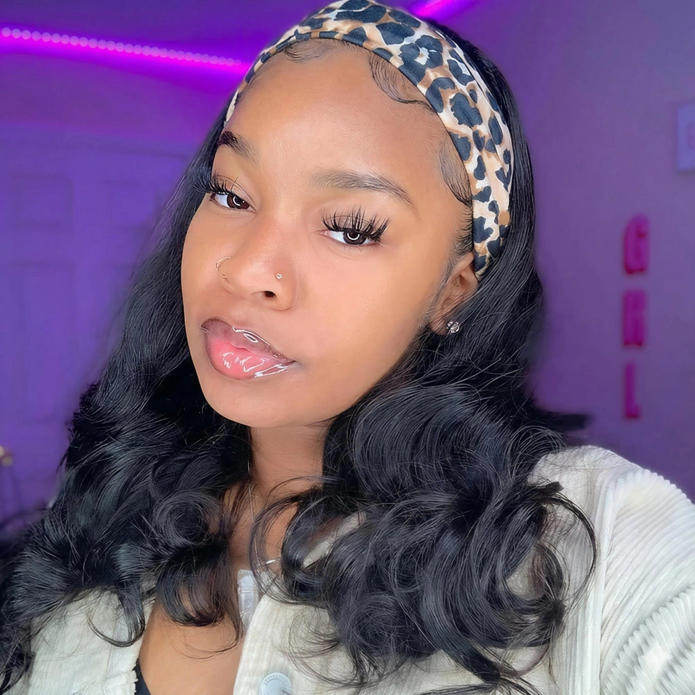Mimicing Body Wave headband glueless virgin hair wig styled with a leopard print headband, showcasing long, soft wavy hair for a trendy and natural look.