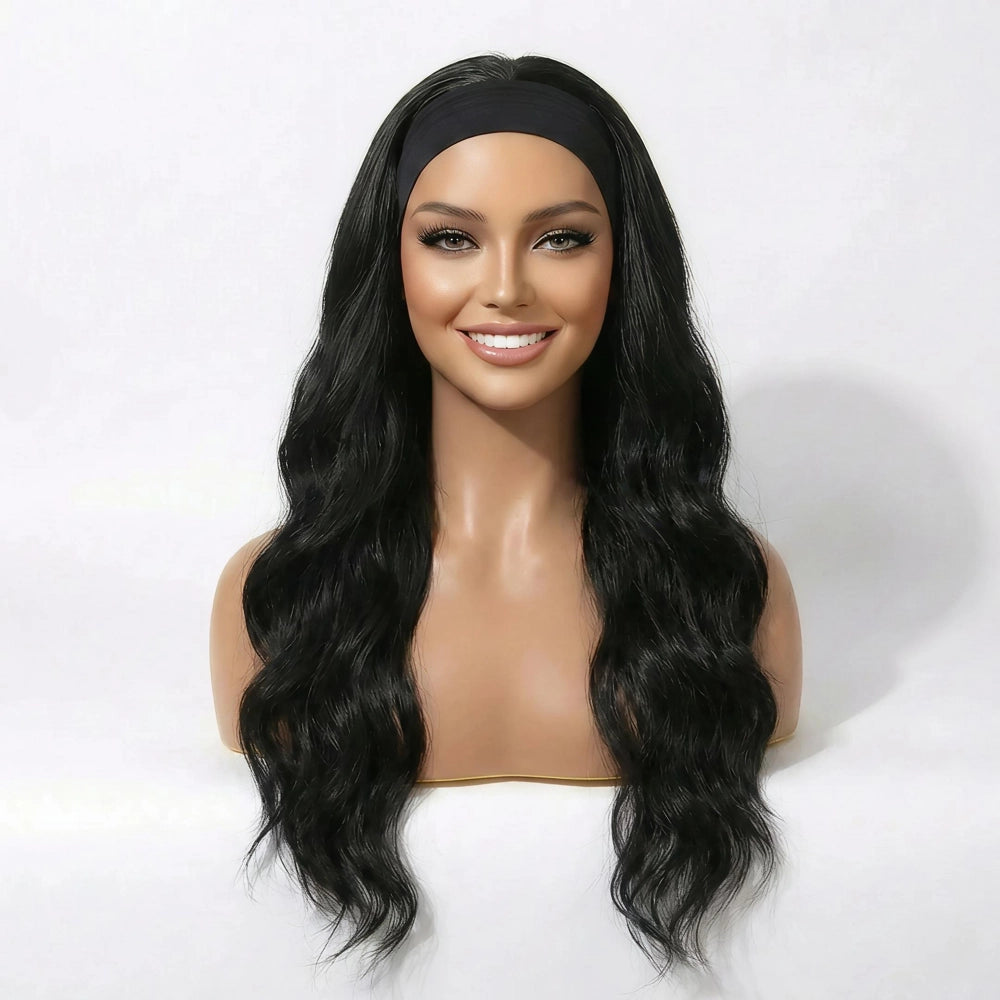 Front view of the Mimicing Body Wave headband glueless virgin hair wig on a mannequin, showcasing long, flowing black waves and a simple black headband for an easy, natural style.