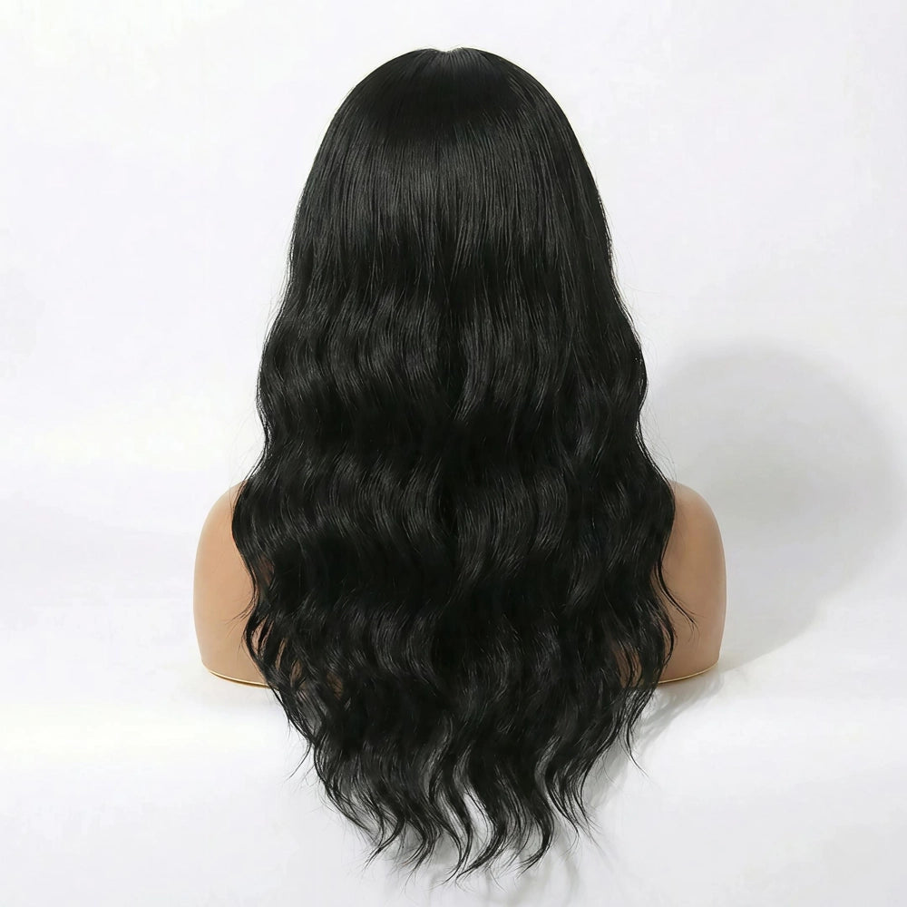 Back view of the Mimicing Body Wave glueless virgin hair headband wig on a mannequin, showcasing the full volume and natural uniform flow of the long, soft black waves.