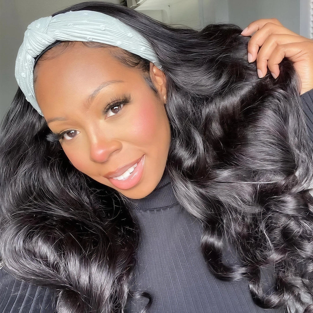 Mimicing Body Wave headband glueless virgin hair wig styled with a light blue headband, showcasing soft, voluminous waves for a chic and easy look.