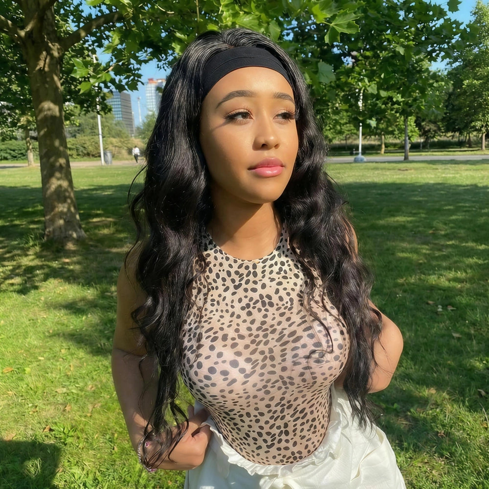 Mimicing Body Wave headband glueless virgin hair wig worn outdoors, showcasing a long natural wavy look and easy-to-wear beginner-friendly design.