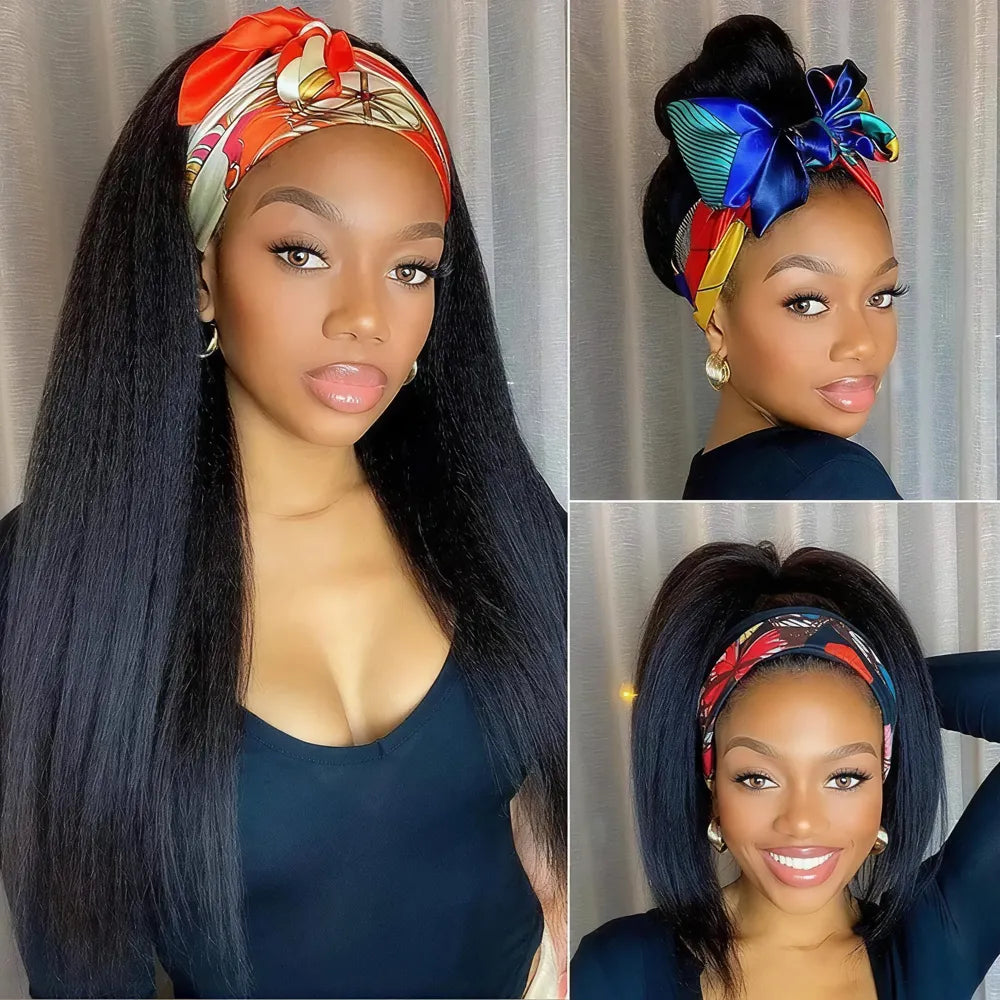 Collage of three styles featuring a Mimicing kinky straight headband wig with colorful scarves, showcasing the versatile wear and go look of beginner-friendly virgin hair.