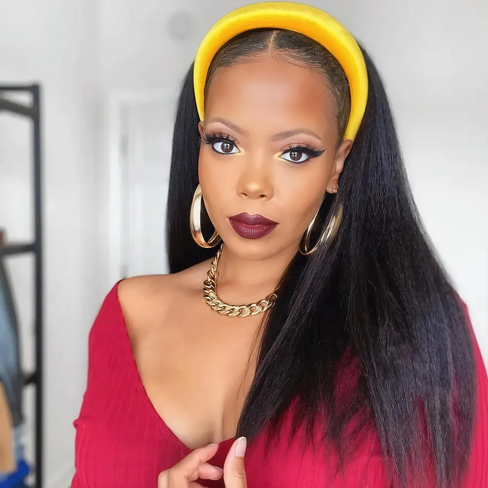Model posing with a Mimicing kinky straight headband wig and a thick yellow headband, featuring premium beginner-friendly virgin hair in a wear and go style.