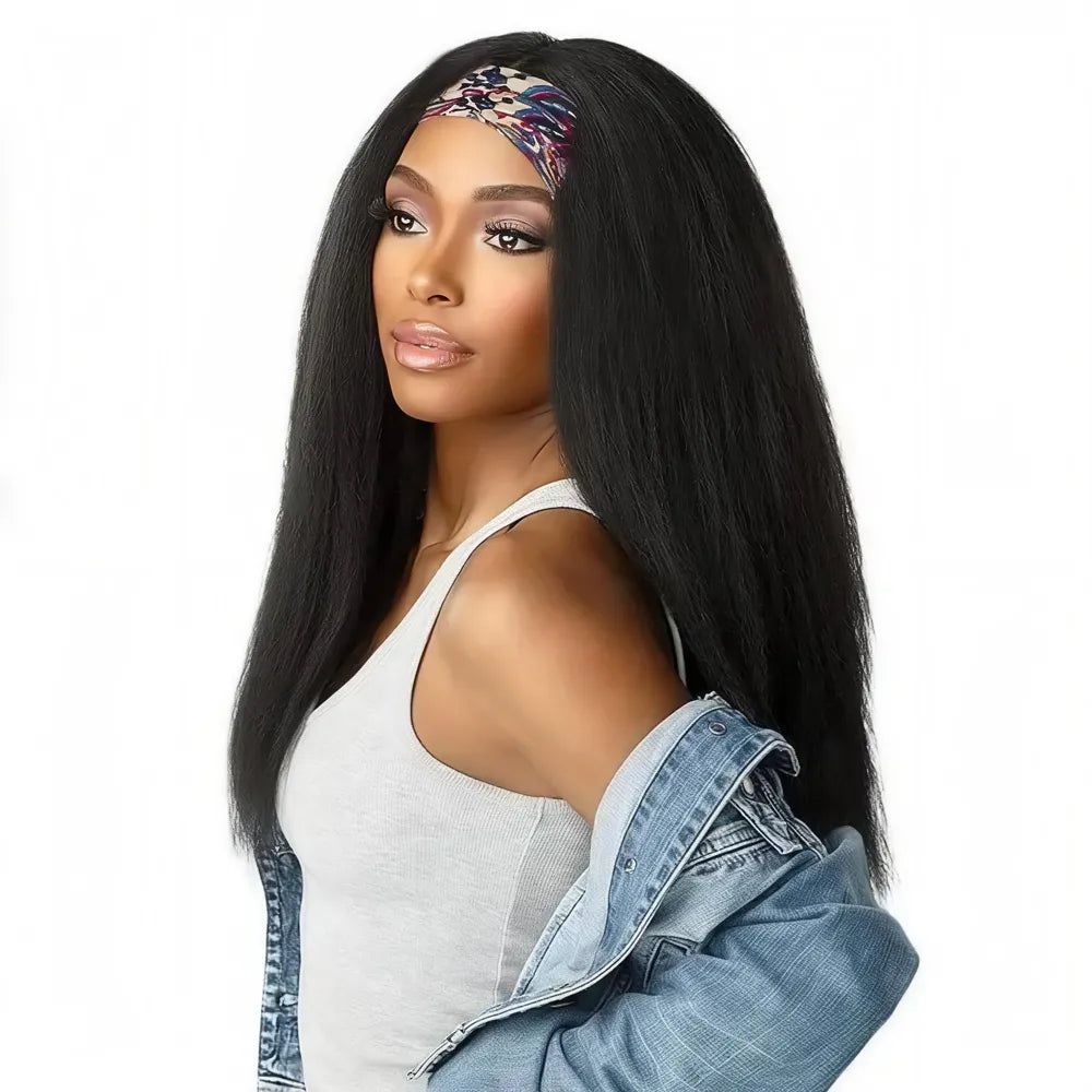 Model wearing a Mimicing kinky straight headband wig with a colorful scarf and denim jacket, showcasing a beginner-friendly wear and go look with virgin hair.