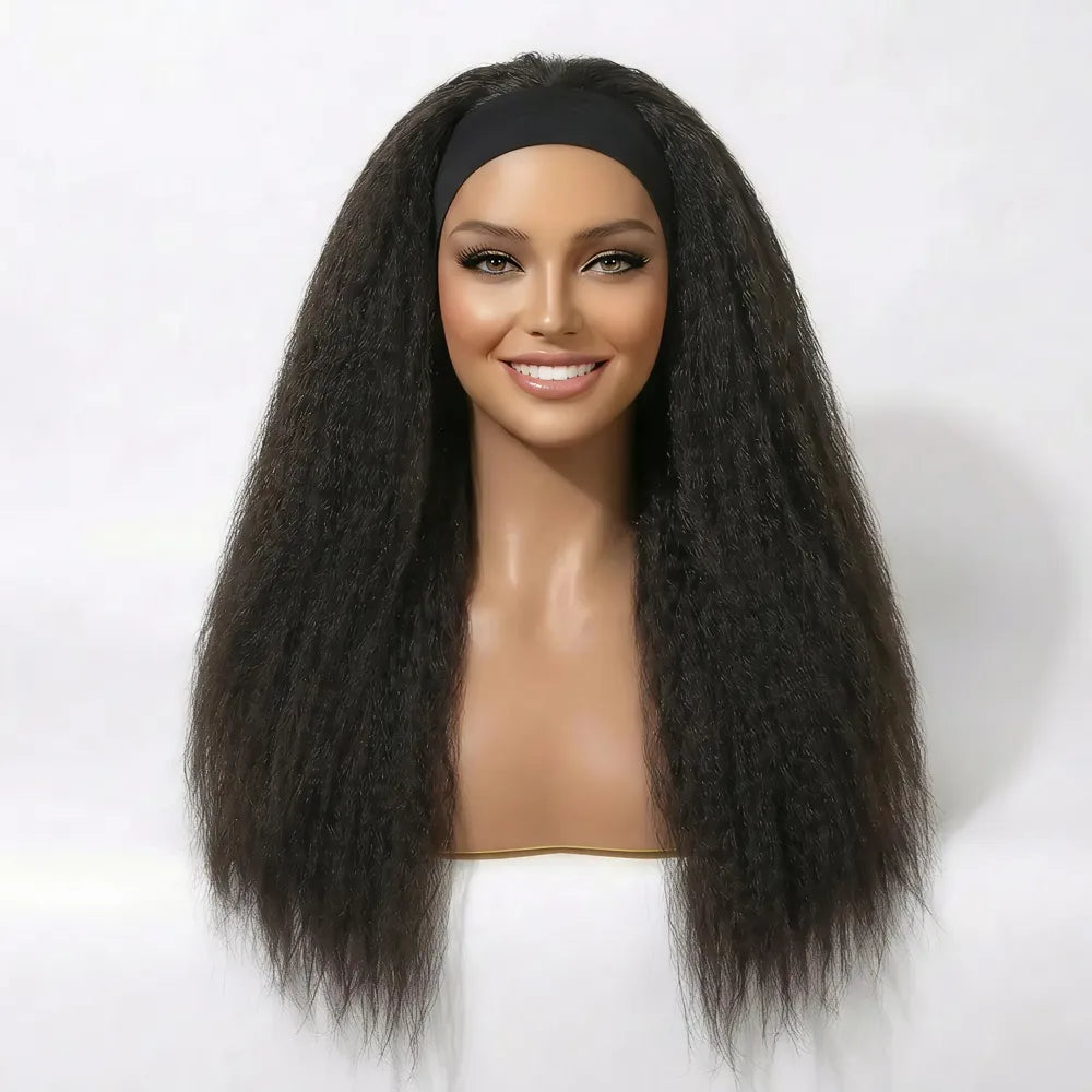 A Mimicing kinky straight headband wig displayed on a mannequin head, featuring beginner-friendly wear and go virgin hair with a black headband.