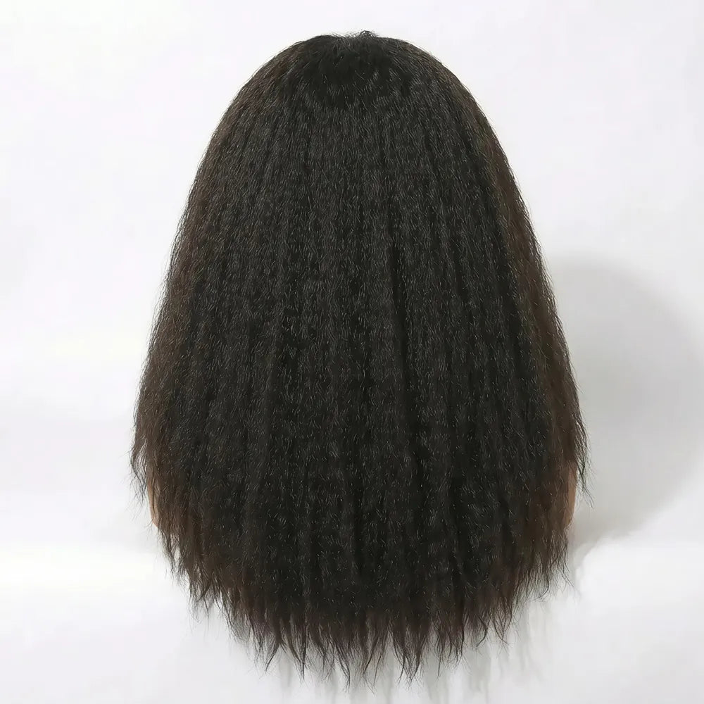 Rear view of a Mimicing kinky straight headband wig on a mannequin head, made from premium virgin hair with a beginner-friendly wear and go design.