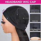 Side view of a black kinky straight headband wig cap structure showing secured combs, elastic net, and adjustable magic tape sticks.