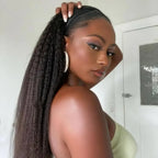 Side profile of a model wearing a Mimicing kinky straight headband wig made from premium virgin hair, featuring a beginner-friendly wear and go style.