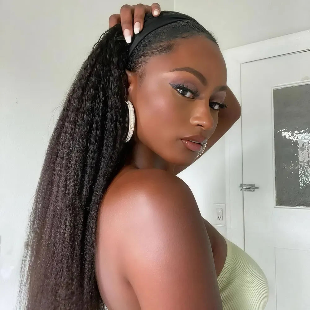 Side profile of a model wearing a Mimicing kinky straight headband wig made from premium virgin hair, featuring a beginner-friendly wear and go style.