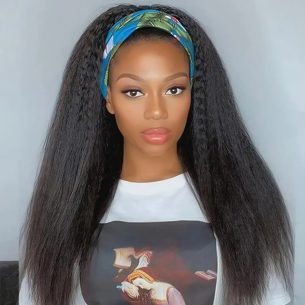 Model wearing a Mimicing kinky straight headband wig with a colorful scarf, showcasing a beginner-friendly wear and go look with premium virgin hair.