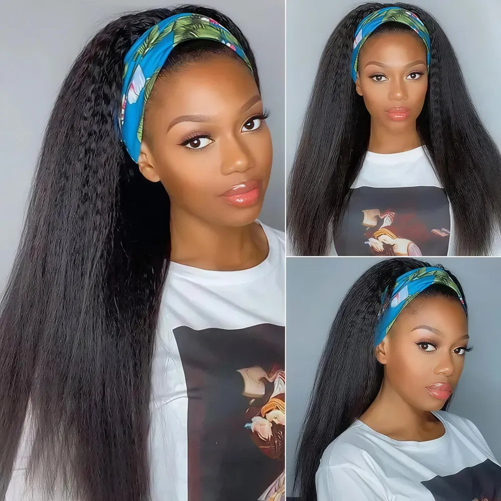 Collage showcasing the Mimicing kinky straight headband wig styled with a colorful scarf, featuring premium virgin hair in a beginner-friendly wear and go design.
