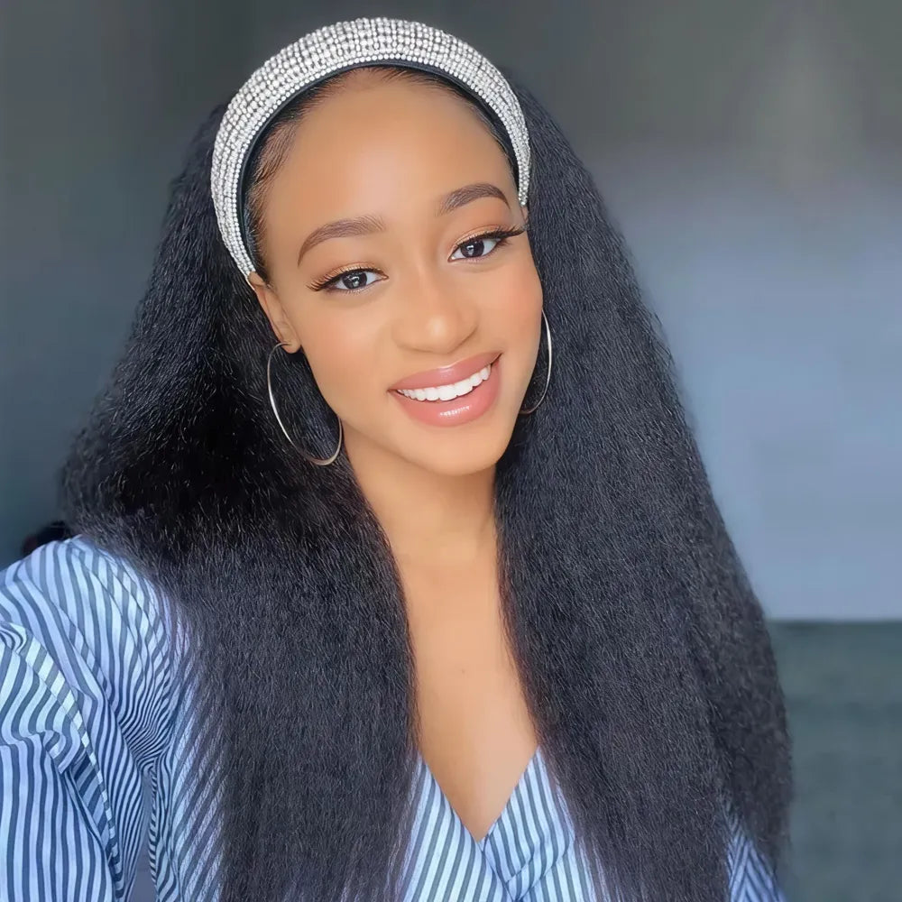 Smiling model wearing a Mimicing kinky straight headband wig with a glittery silver headband, showcasing a beginner-friendly wear and go style with premium virgin hair.