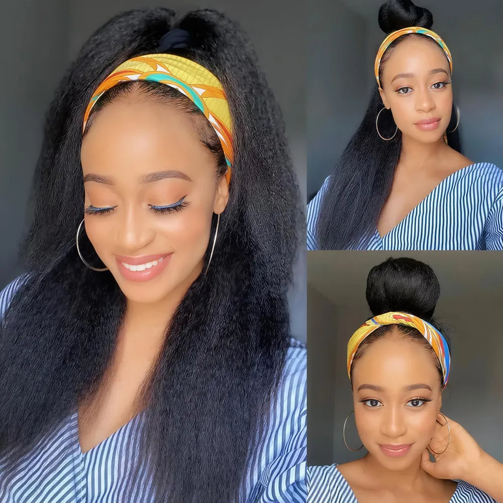 Collage showing the Mimicing kinky straight headband wig styled with a colorful scarf in a top knot bun and half-up style, featuring beginner-friendly wear and go virgin hair.